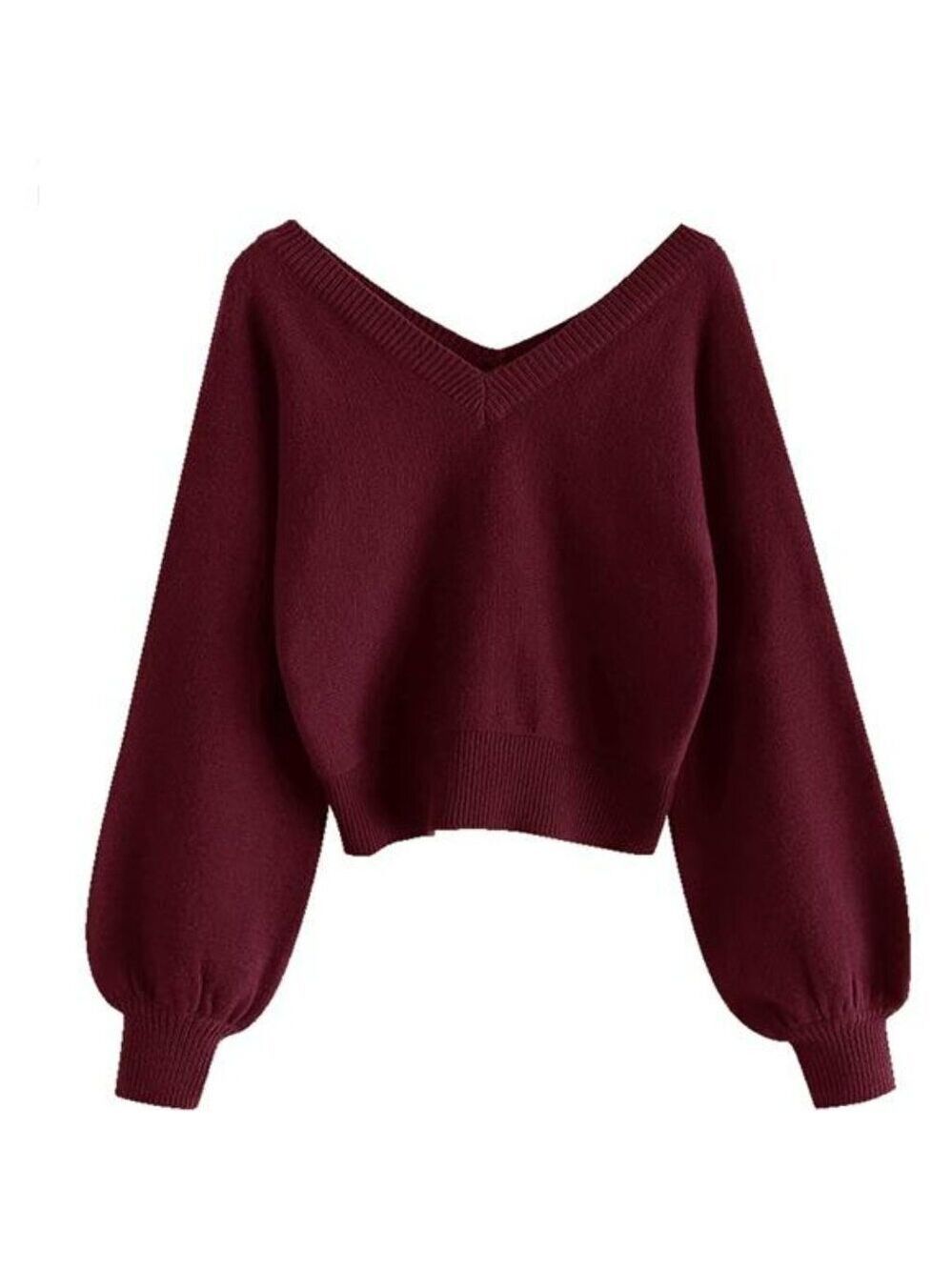 V Neck Cropped Knit Sweater Long Sleeve Pullover Top for Women Fall Winter